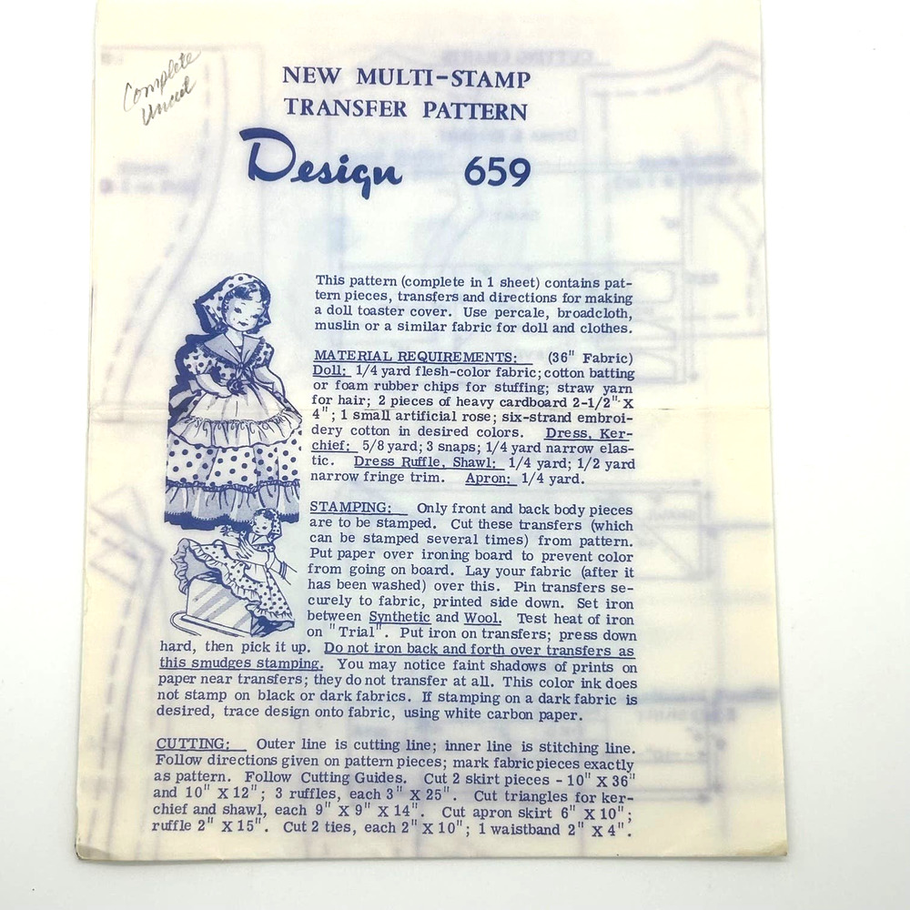 Vintage Mail Order Doll Toaster Cover Transfer Pattern #659
